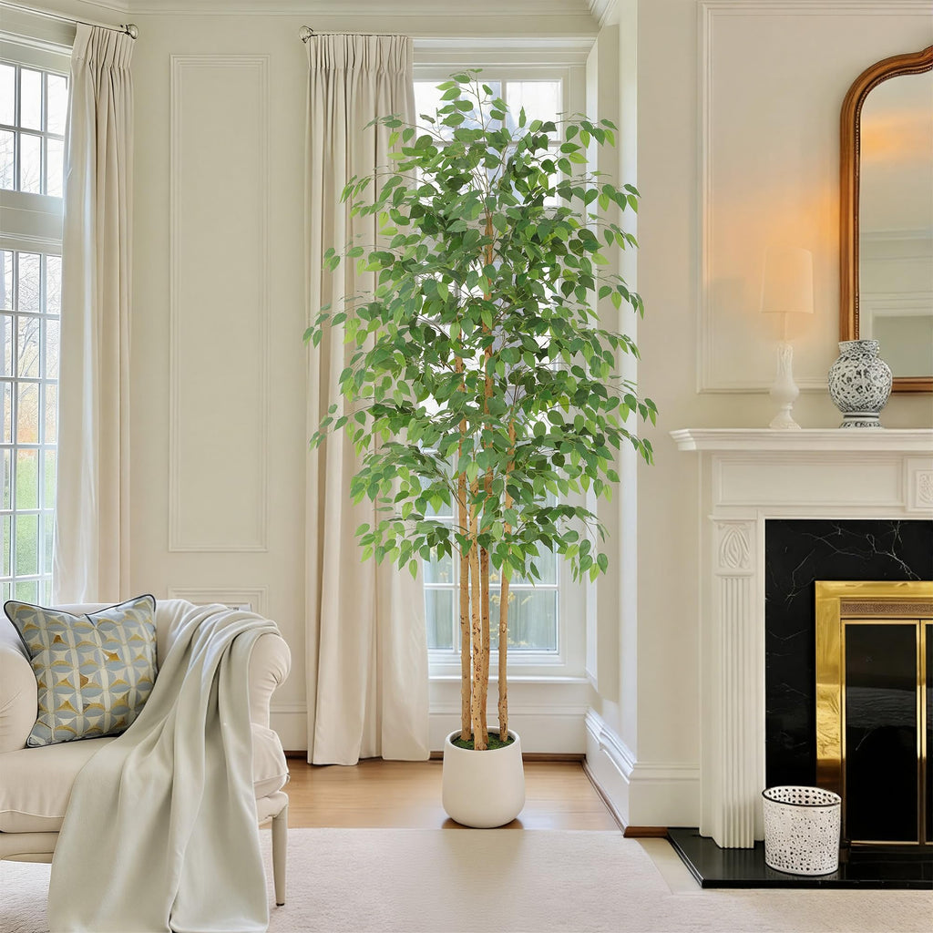 7ft Ficus Tree Artificial with Multi-Real Wood Trunks & White Planter, 84in Realistic Texture Potted Faux Ficus Tree