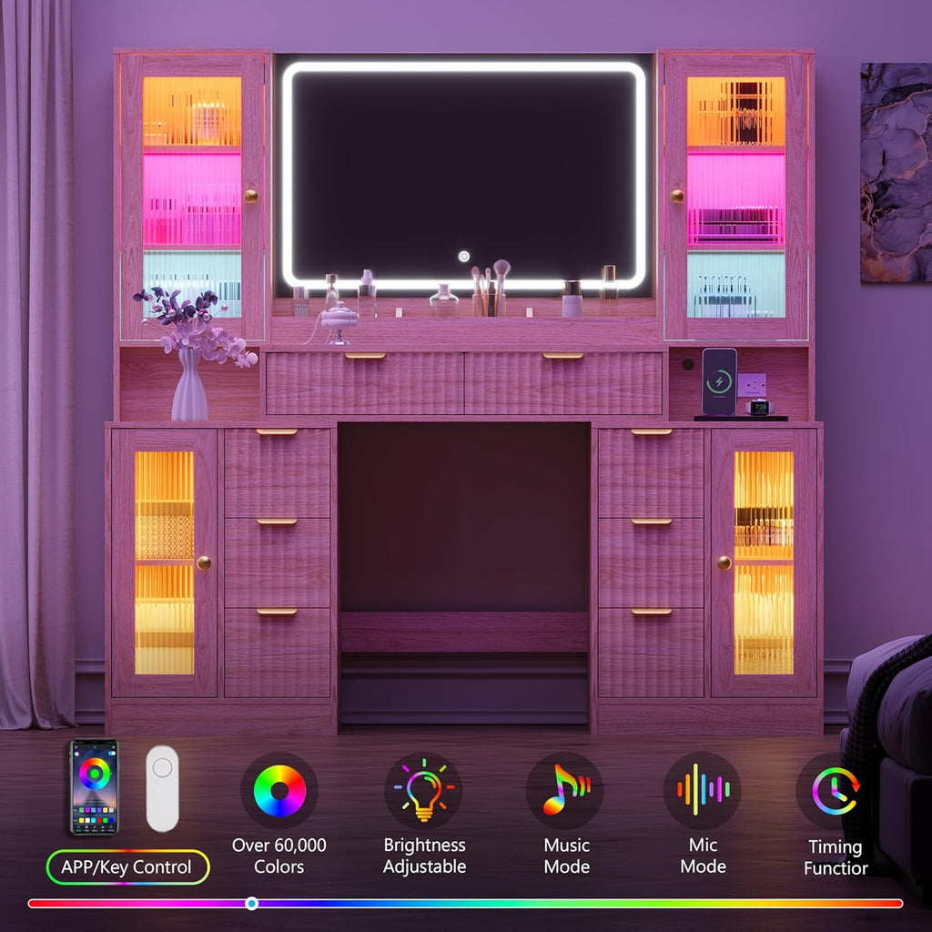 Fluted Makeup Vanity Desk with Mirror and Lights, 55" Glass Top Vanity with 8 Drawers & 4 RGB Glass Cabinets