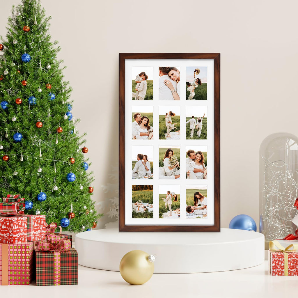 12 Opening 4x6 Collage Picture Frames Set of 2, Rustic Brown Multiple Frames for Displaying 6x4 Photos with Mat