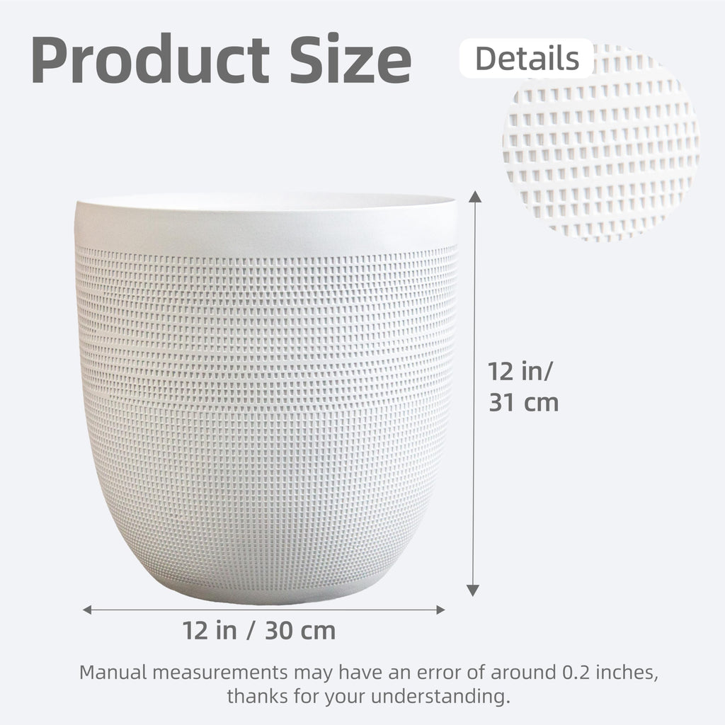 12 Inch Dia Round Fiberstone Planter - White Matte Decorative Flower Pot with Drainage Hole, Lightweight Durable
