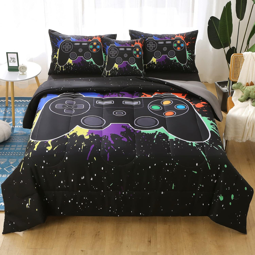 Gamer Comforter Sets for Boys&Girls,6 Piece Bed in A Bag 3D Video Game Bedding-All Season Microfiber Gamer