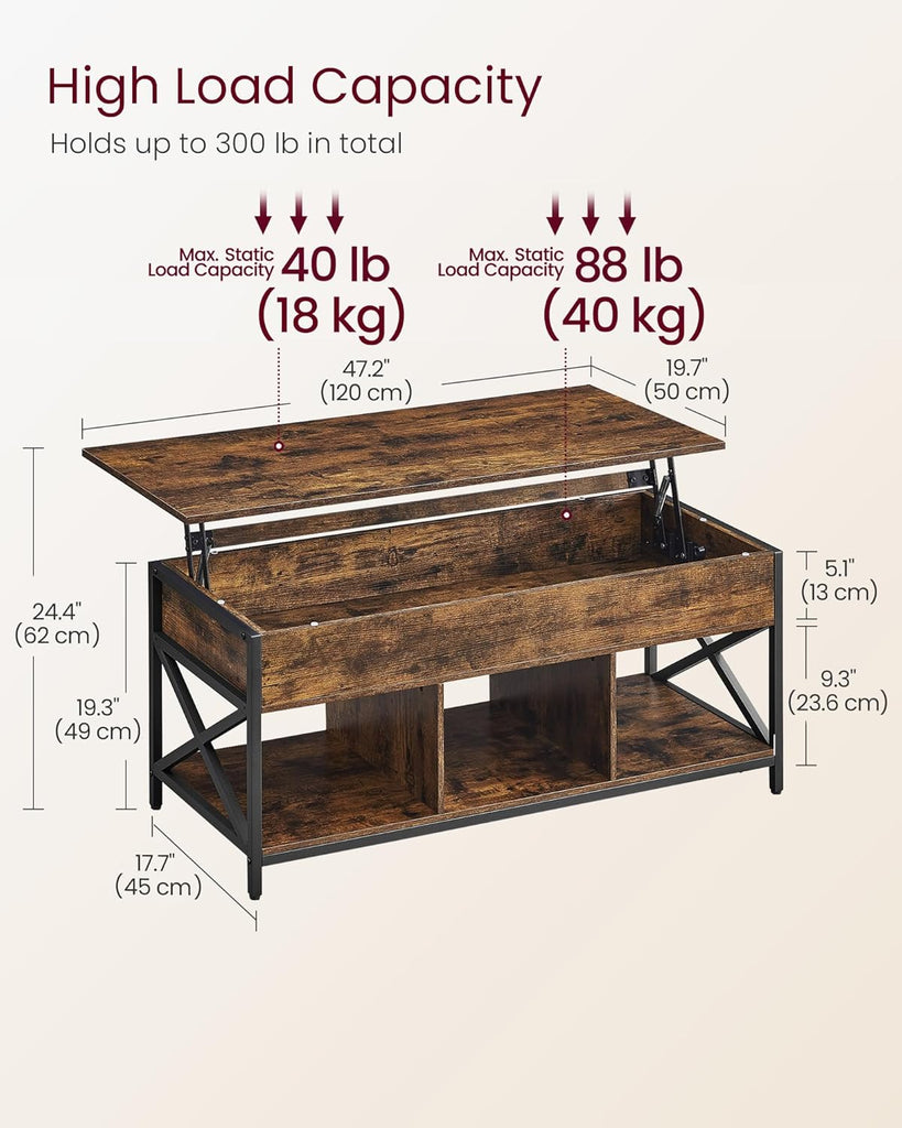 Lift Top Coffee Table, Lift Coffee Table with Storage Shelf, Hidden Compartments and Lifting Top