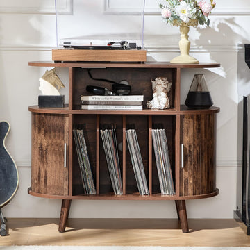 Small Round Record Player Stand with Charging Station, Brown
