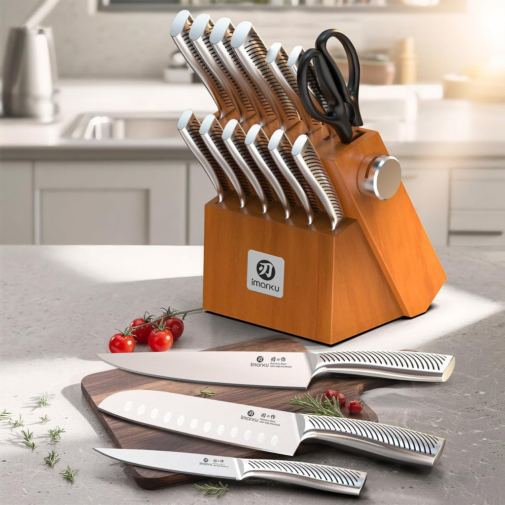 14 Piece Stainless Steel Knife Set with Build-in Sharpener | Japanese High-Carbon Stainless Steel Blades | 56±2 HRC