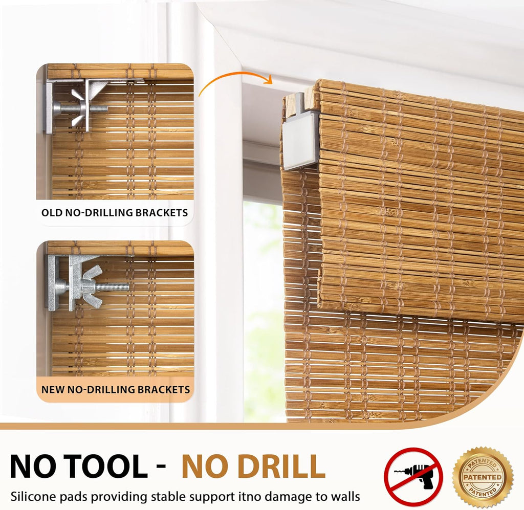 No Drill Bamboo Roman Shades, 22x64, Tuscan B | Light Filtering Window Treatment, No Tools Cordless Roll Up Bamboo