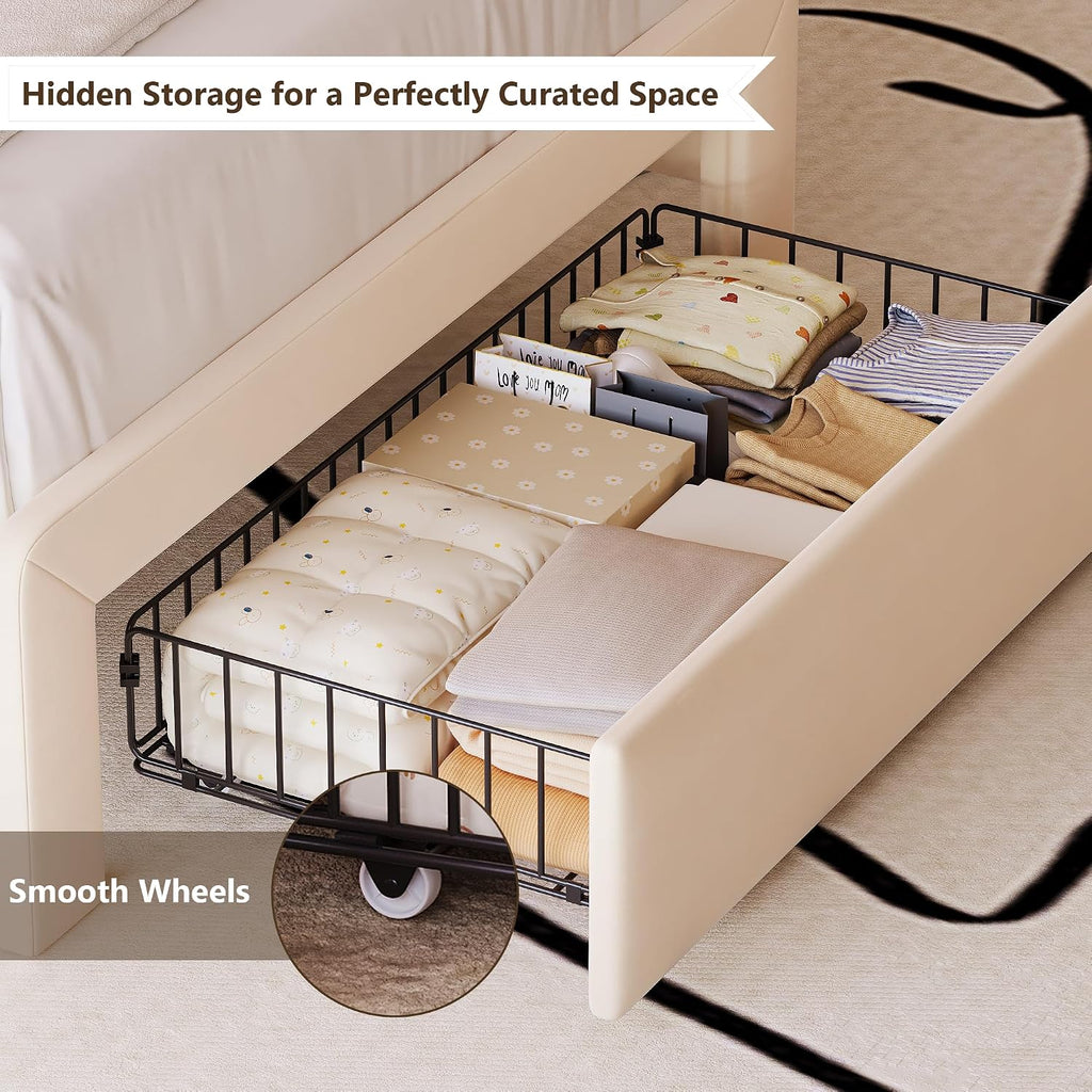 Twin Bed Frame with Storage Drawers and Side-Shelf Upholstered Headboard, Velvet Bed Frame with LED Lights, USB Port