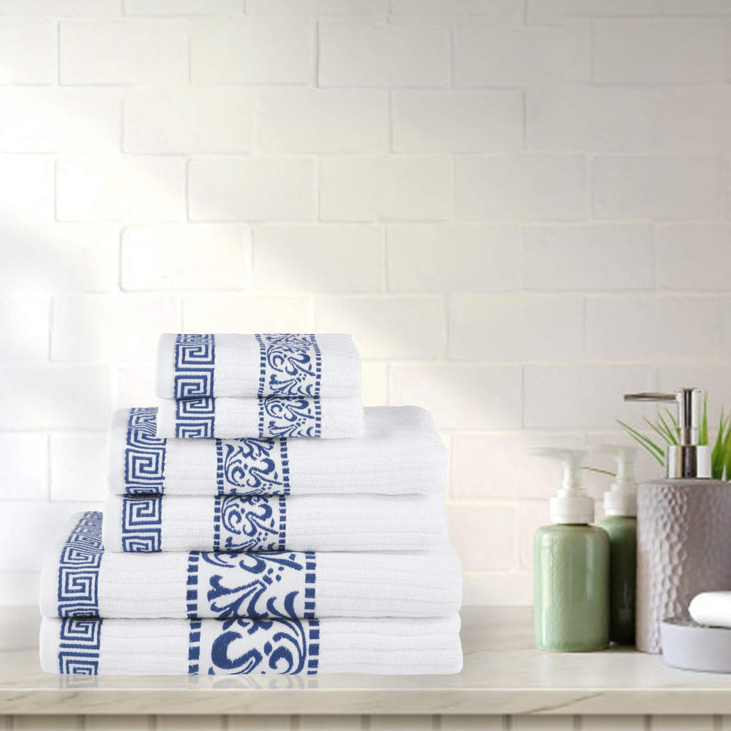 6-Piece Cotton Towel Set, Decorative Greek Pattern, Home Essentials, Absorbent Towels, Bathroom Decor, Spa, Resort