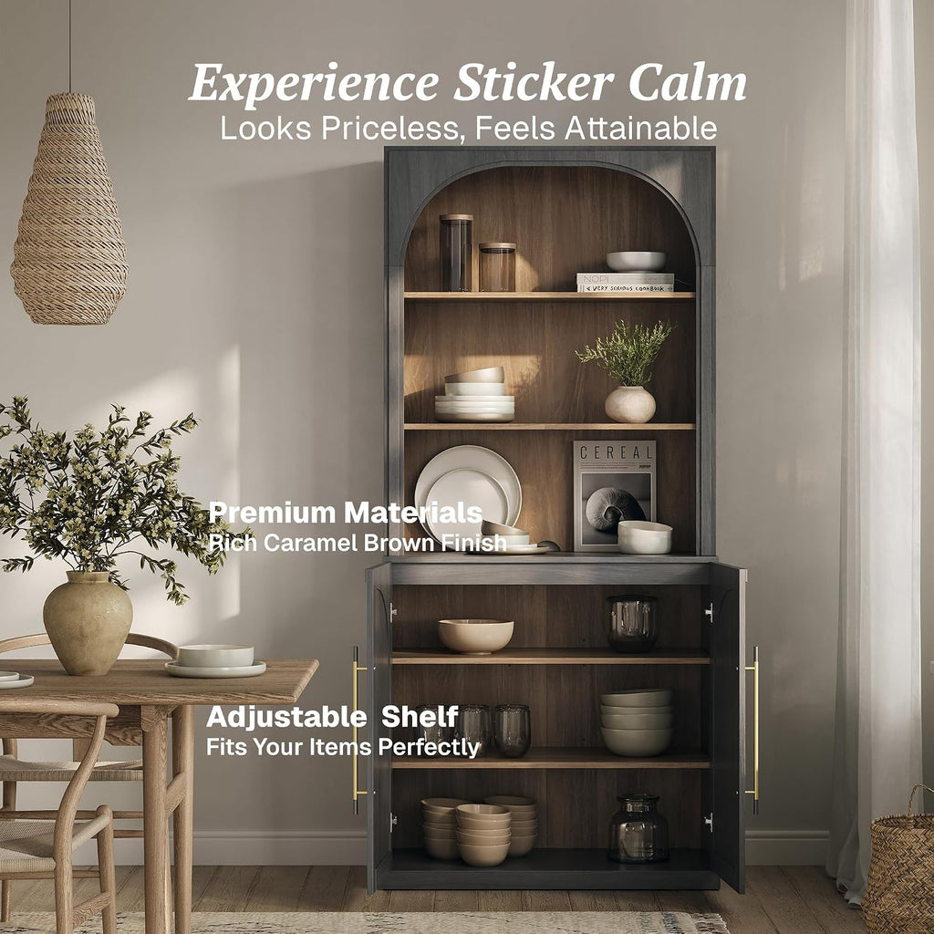 Tall Arched Storage Cabinet with Hutch,Modern Bookcase with Drawers,Freestanding Display Shelf with Fluted