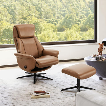 Modern Reclining Swivel Lounge Chair and Ottoman — Saddle Genuine Leather
