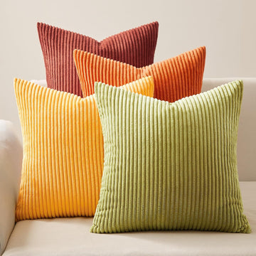 Fall Burnt Orange Decorative Throw Pillows Covers 18x18 Inch Set of 4,Yellow Green Gradient Series Corduroy Striped