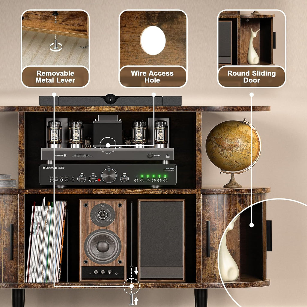 Large Record Player Stand with Storage and Shelves, Brown