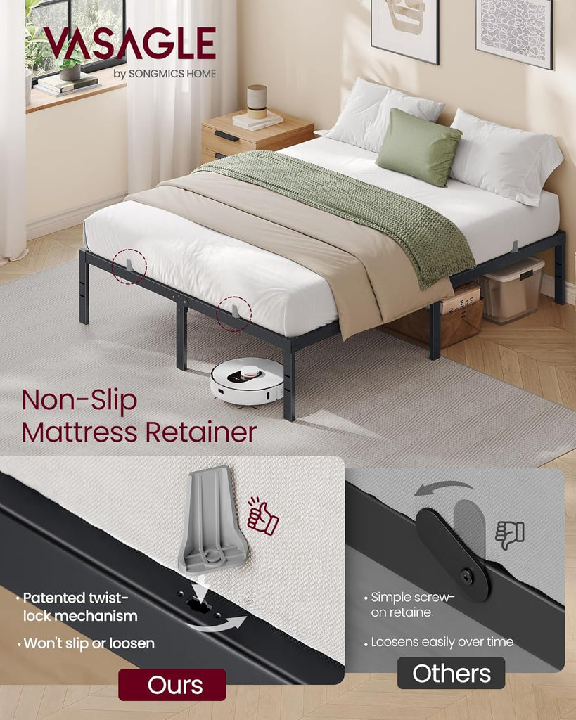 Full Metal Bed Frame 14 Inches Tall, 1100 lb Weight Capacity, No Box Spring Needed, with Under-Bed Storage