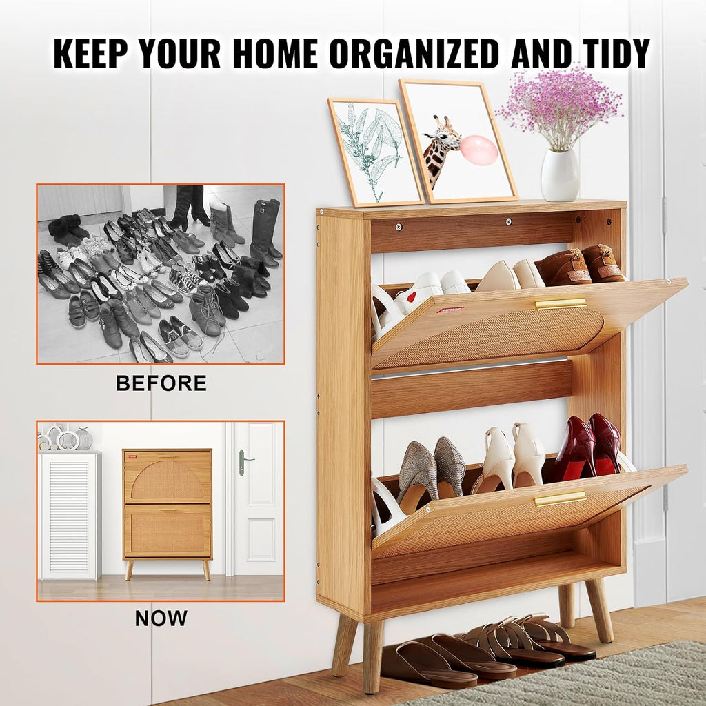 Shoe Cabinet with 2 Flip Drawers, Shoe Storage Cabinet , Free Standing Shoe Storage Organizer with Rattan Doors for