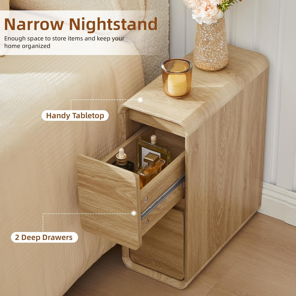 Narrow Night Stand with 2 Drawers,Mid Century Modern Small Nightstands Wooden Dresser Skinny Bedside Table, Curved