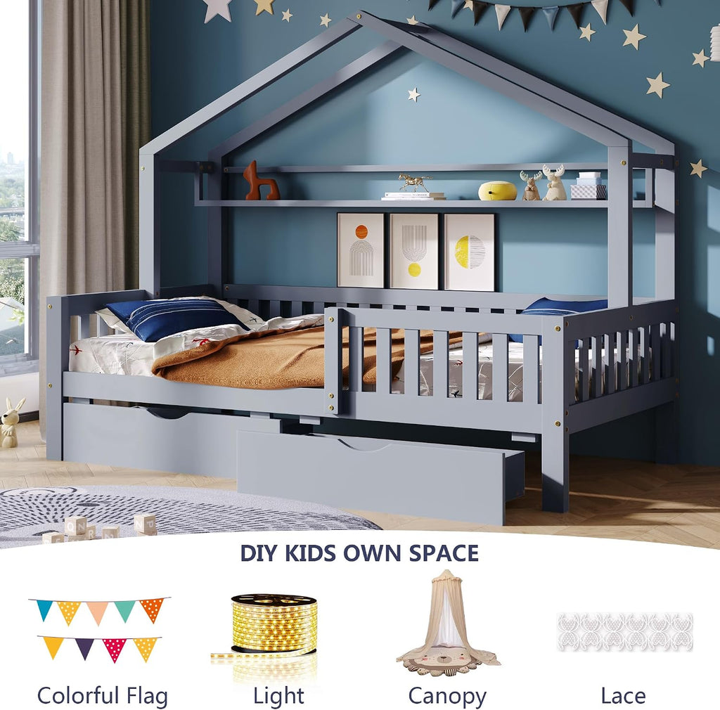 Twin Size House Bed with Storage Drawers and Shelf,Kids Wooden Bed Frame Twin Platform Bed with Slats and Fence for