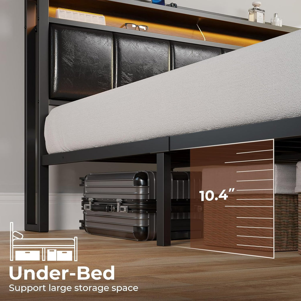 Bed Frame Full with Charging Station and LED Lights, PU Leather Headboard with Storage Shelves, Heavy Duty Metal Slats