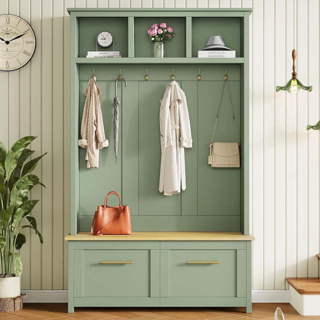 Versatile 4-in-1 Hall Tree with 6 Golden Hooks, Wood Grain Bench with Multiple Storage Space, Entryway Coat Rack with