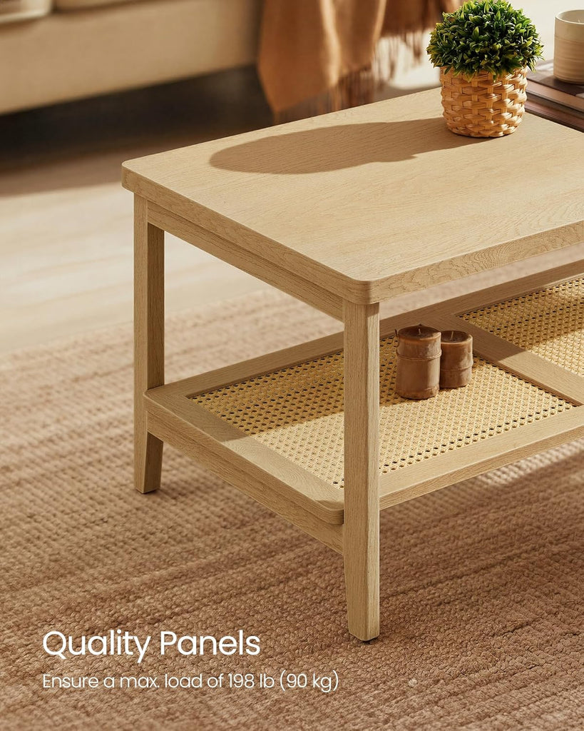 2-Tier Coffee Table, Rectangular Living Room Table, with PVC Rattan Storage Shelf, Rounded Corners, Easy Assembly
