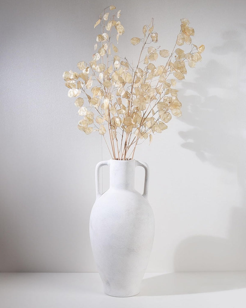 20.5in Ceramic Floor Vase with Handles | Hand-Painted Glaze Craft, Pure White Finish, Light Black Speckled Accents