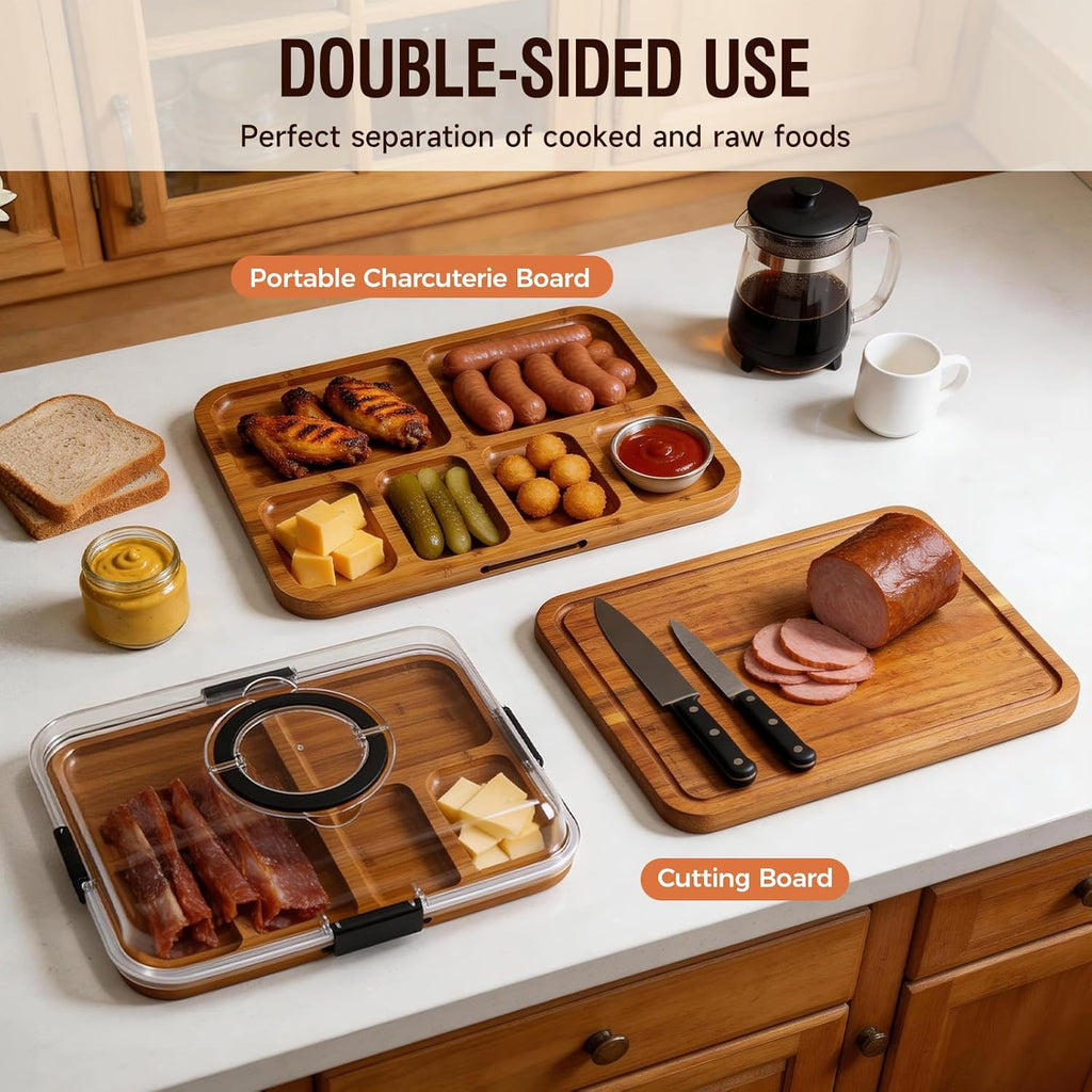 Charcuterie Board with Lid, Carbonized Bamboo, Knives Set and Bowls | Portable Double-Sided Locking Design, Cheese
