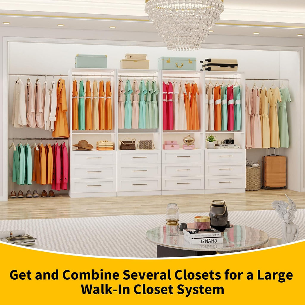 Closet System with 9 Drawers, 6-15FT Closet Systems for Walk in Closets with 6 Expandable Rods & 3 Shelves, Wood