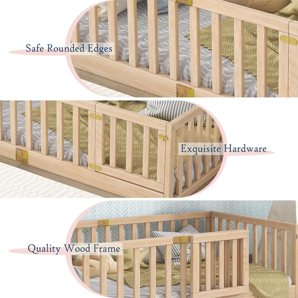 Twin Montessori Floor Bed with High Rails, Solid Wood Montessori Bed Frame for Kids, Door Can Install Left and Right