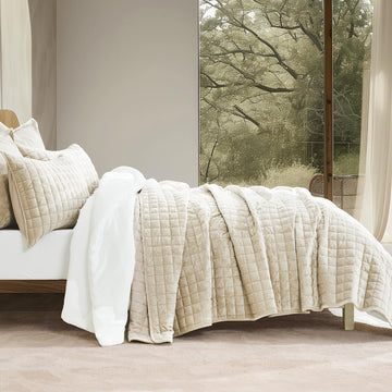 Channel Box Stitch Velvet Quilt Set, Full Queen, Beige