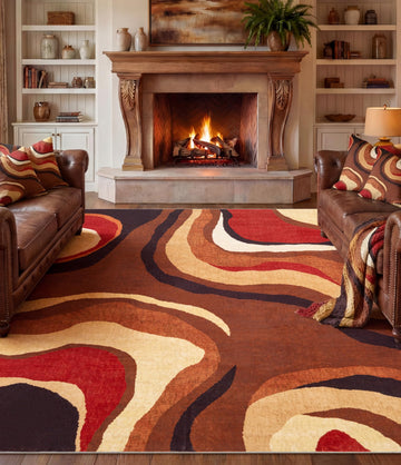 Burnt Orange Rug Washable, Alfombras para Salas, Farmhouse Brown Retro Carpets, Geometric Abstract Wavy Rug, Unique