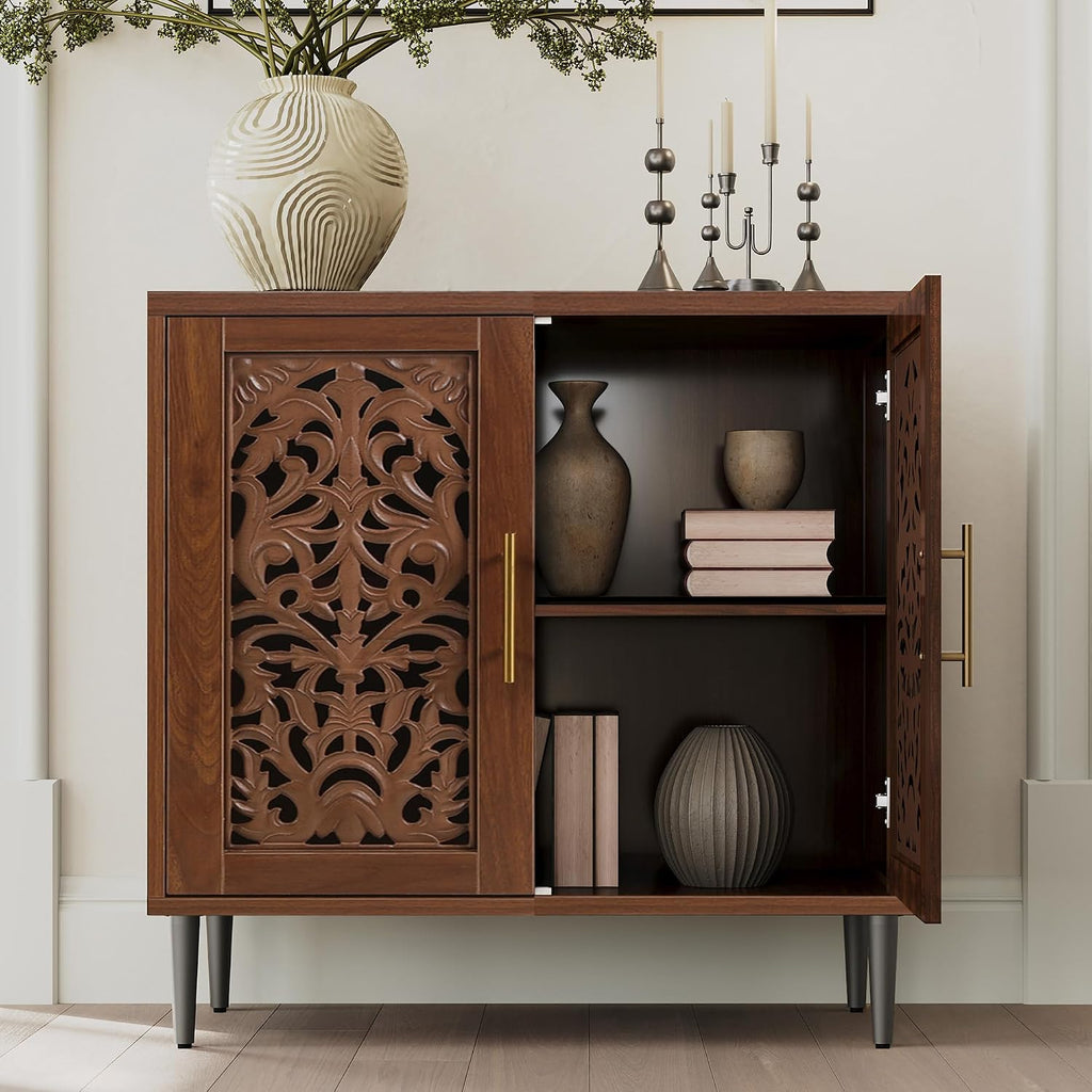 Vintage Hollow Carving Accent Cabinet with 2 Doors | Sideboards and Buffets with Storage, Credenza with Adjustable
