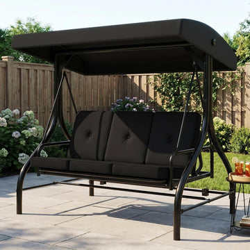 Porch Swing with Stand, 3 Seat Outdoor Patio Swing, 2-in-1 Convertible Swing Bed, Stepless Adjustable UV Resistant