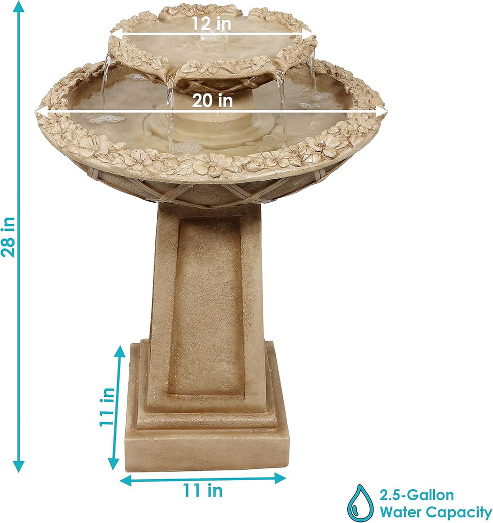 Beveled Flower 28-Inch 2-Tier Outdoor Water Fountain - Backyard Water Feature & Bird Bath or Deck