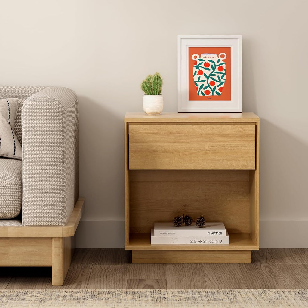 Wood End Side Table Modern Farmhouse Nightstand Bedside Cabinet with Storage Drawer and Open Shelf , Natural Oak