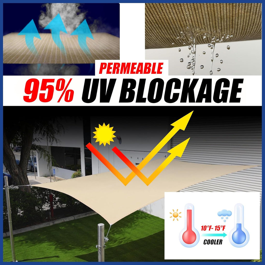 12' x 20' Beige Sun Shade Sail UPF50 Rectangle Canopy Fabric Cloth Screen smTAPR1220, Water and Air Permeable & UV
