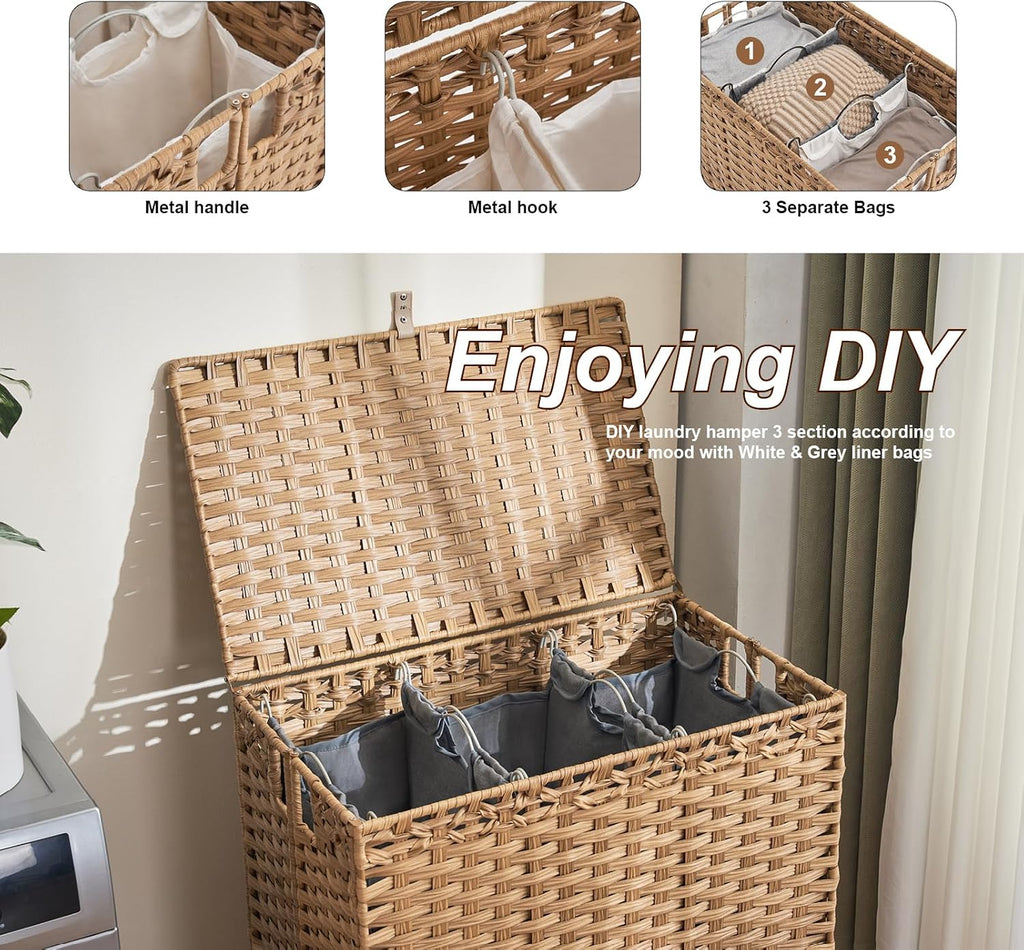 Laundry Hamper with Lid, 190L Large Laundry Basket 3 Section with 6 Removable Liner Bags & 3 Mesh Laundry Bags