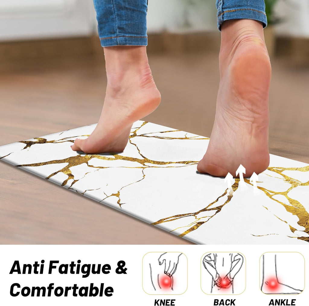 Gold White Kitchen Mats for Floor 2 Pcs 17.3"X28"+17.3"X47" | Modern Marble, Anti Fatigue, PVC Non Slip, Waterproof