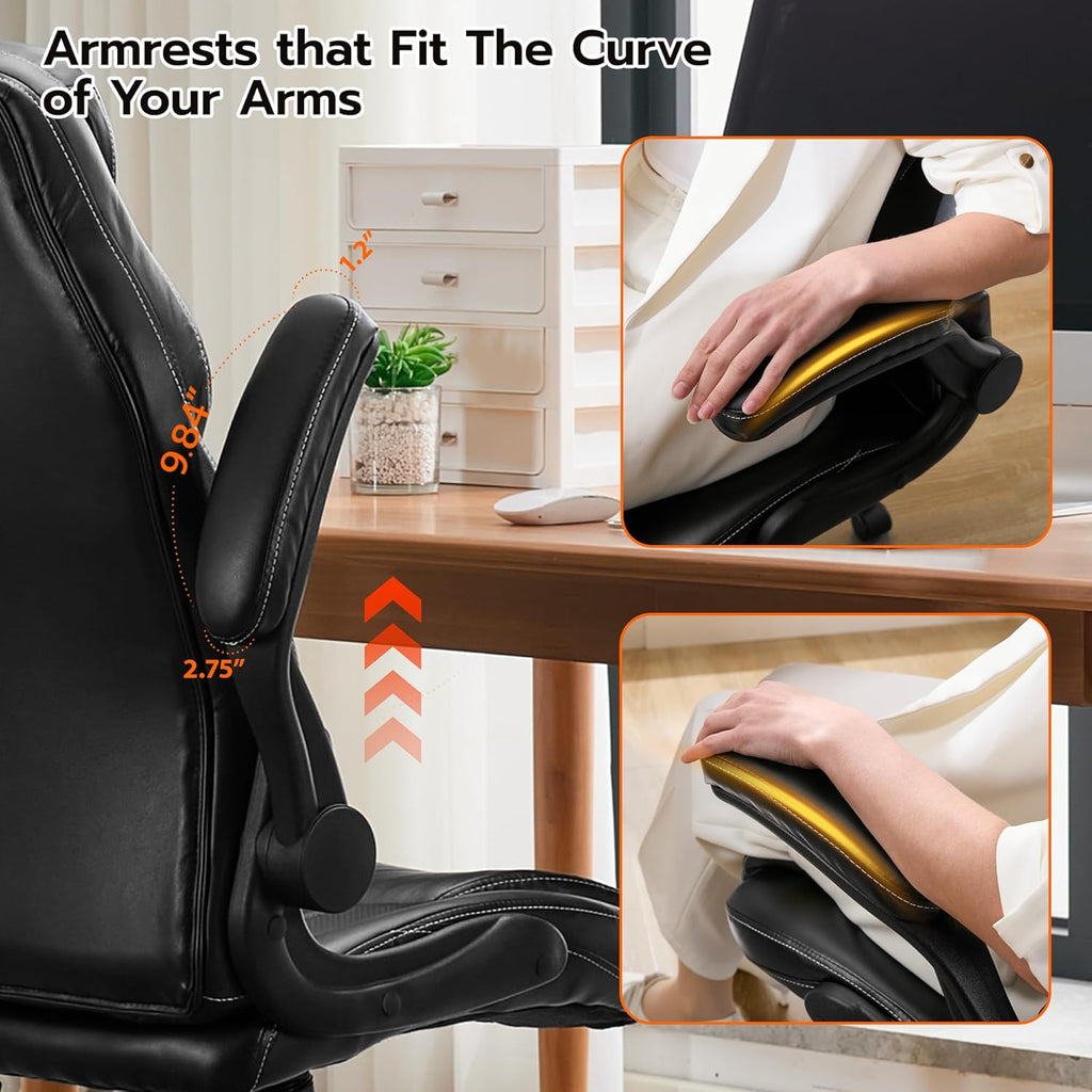 Office Desk Chair, Ergonomic Computer Chair with Padded Flip-Up Arms and Adjustable Lumbar Support, PU Leather
