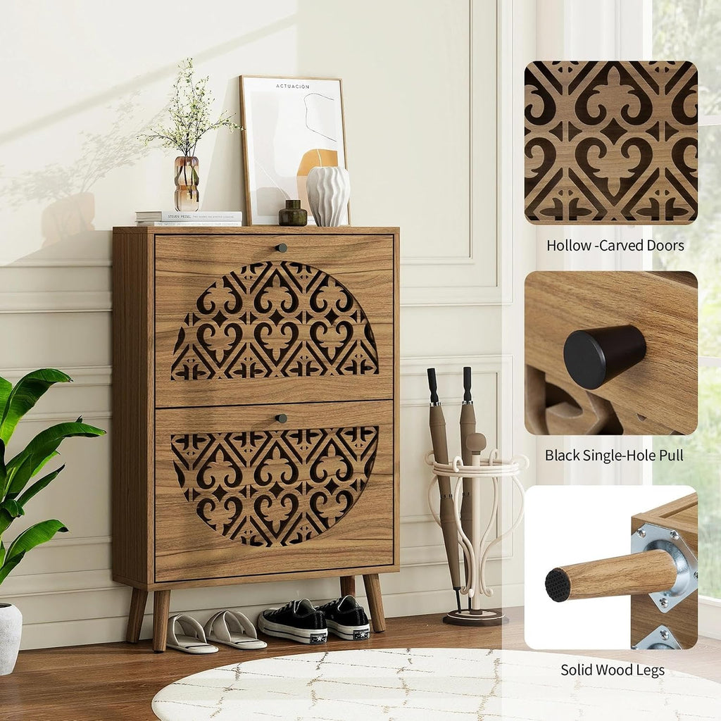 6.7" Ultra-Slim Shoe Cabinet with 2 Flip Drawers, Walnut | Heart-Shaped Hollow-Carved Entryway Organizer for Heels &