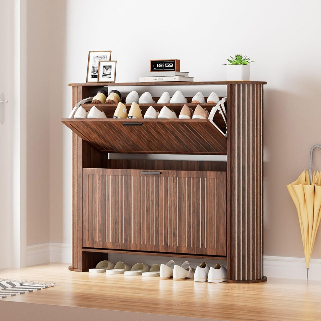 Narrow Shoe Storage Cabinet , Slim Fluted Shoe Cabinet with 2 Flip Drawers, Wood Hidden Shoe Rack Organizer for Entry