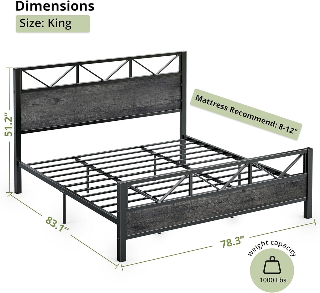 King Bed Frame, Tall Industrial Headboard 51.2 ", Platform Bed Frame with Strong Metal Support, Solid and Stable
