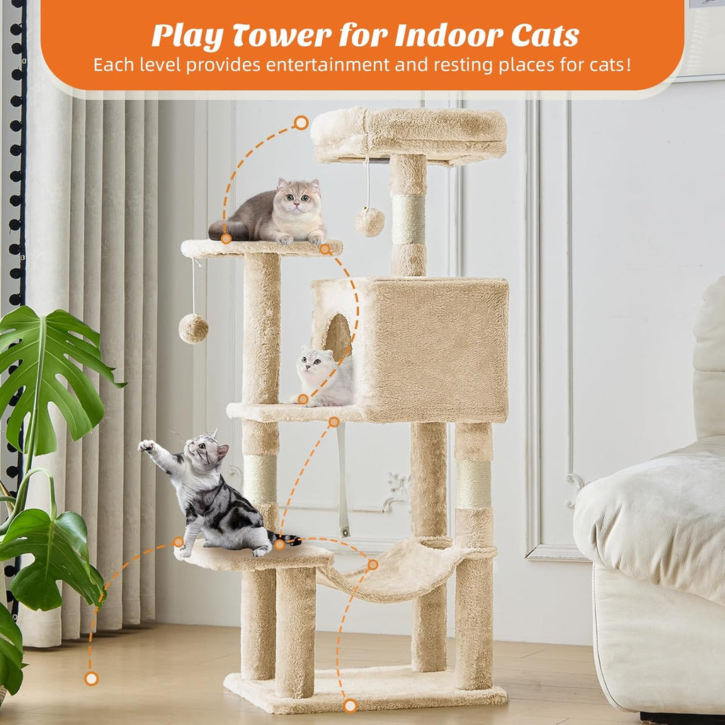 44 Inch Cat Tree Tower, Cat Climbing Tower with Natural Sisal Scratching Posts, Hammock