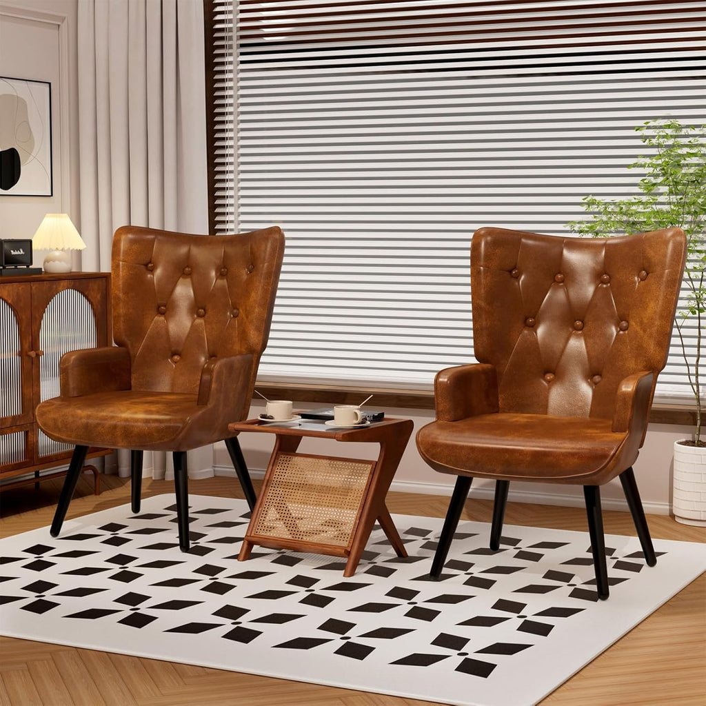 Accent Chairs Set of 2 Upholstered PU Leather Living Room Chairs | High Back Mid Century Modern Accent Armchair