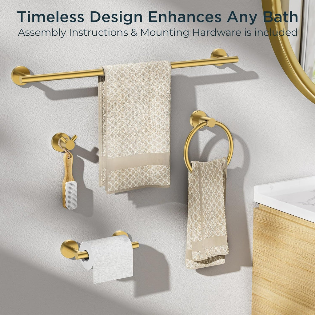 Bathroom Accessories, 4-Piece Bathroom Hardware Set - 18" Towel Bar | Brushed Gold | Towel Hooks, Towel Racks