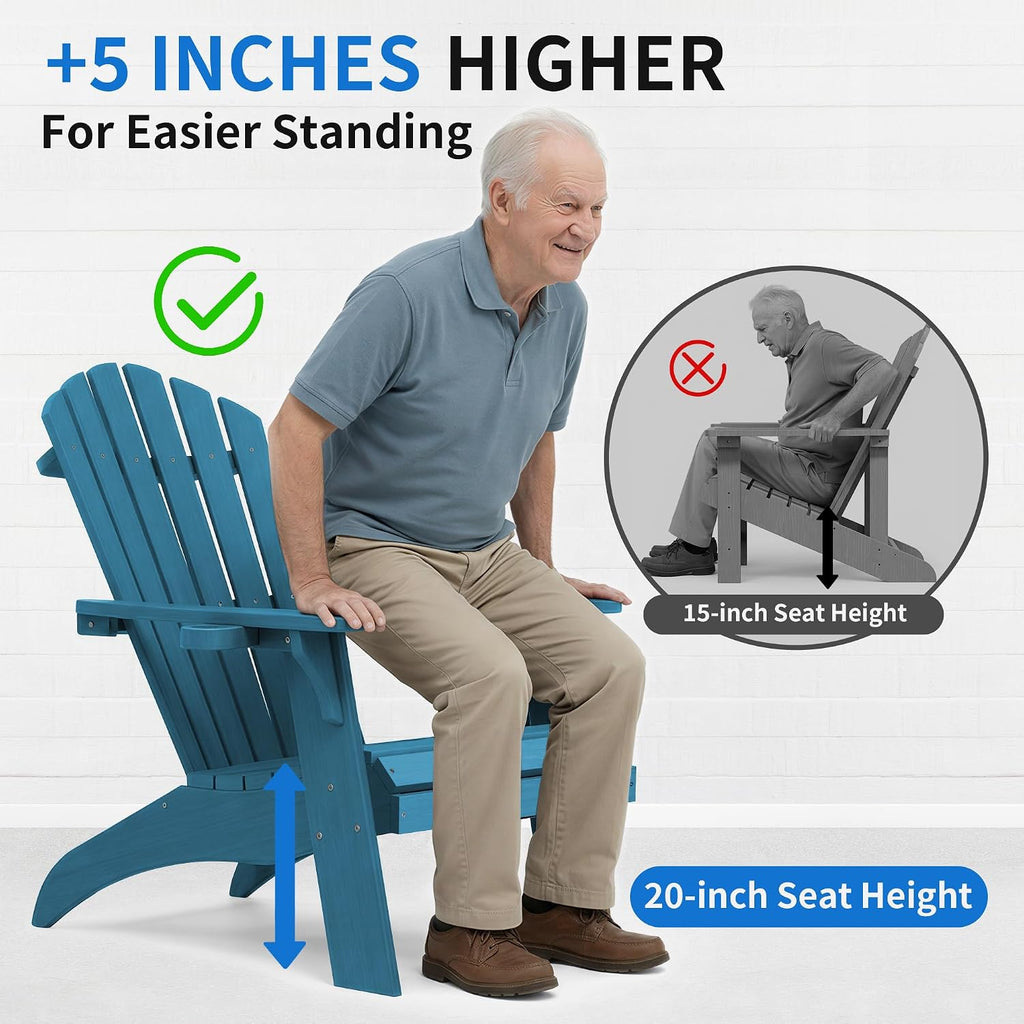 Adirondack Chairs Set of 2 with Cup Holder, Blue | 350Lbs Support, All Weather Patio Chairs for Fire Pit Deck