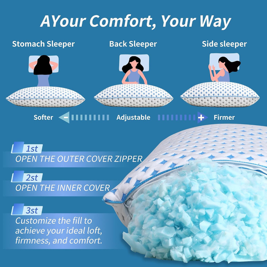 Queen Pillows Set of 2, Cooling Shredded Memory Foam Pillows | Adjustable Loft, Balanced Support, Medium Firm Feel