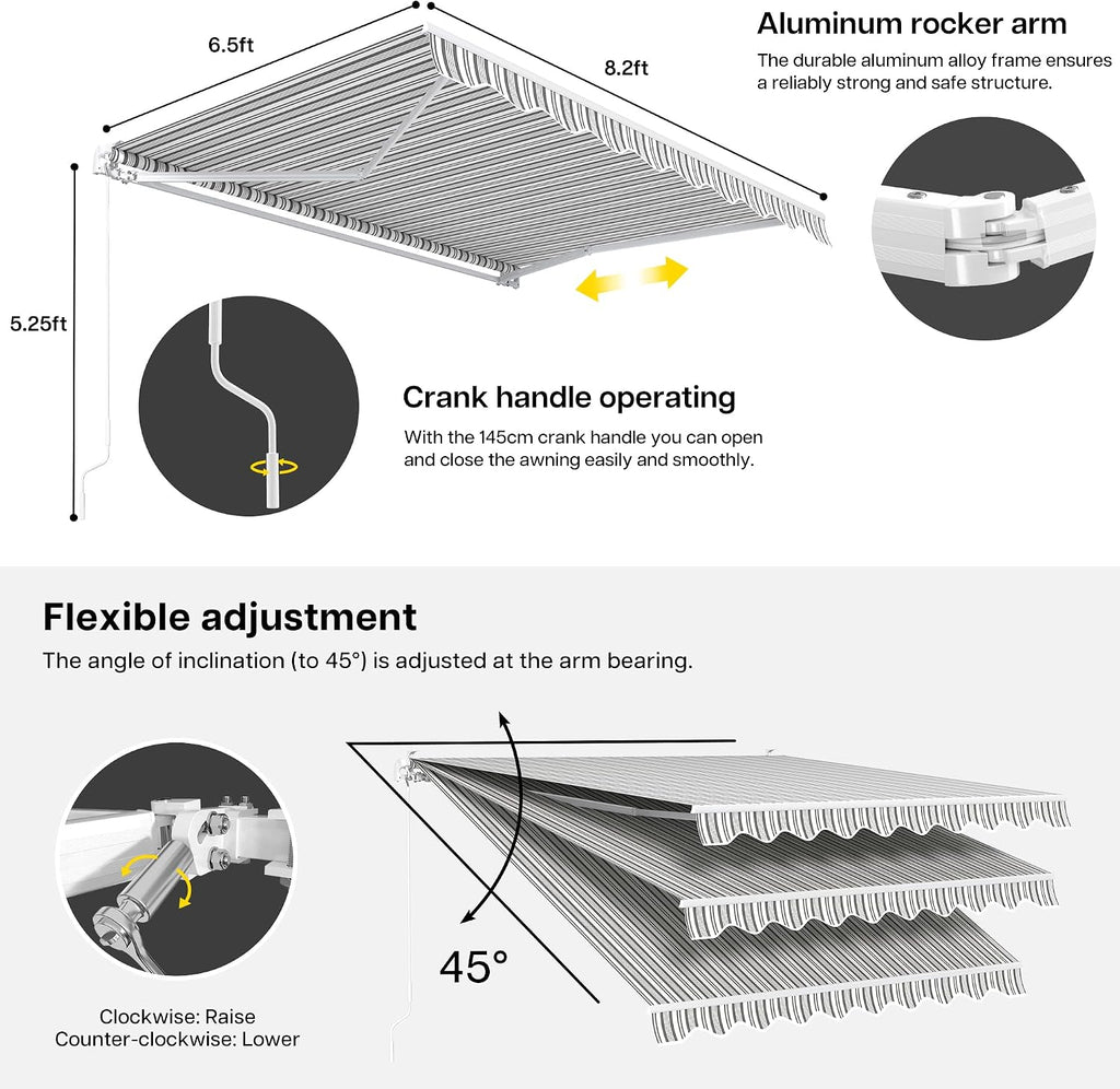 Retractable Patio Awning 8.2'×6.5', Grey with White Strip | Fully Assembled Retractable Balcony Awning, 280G