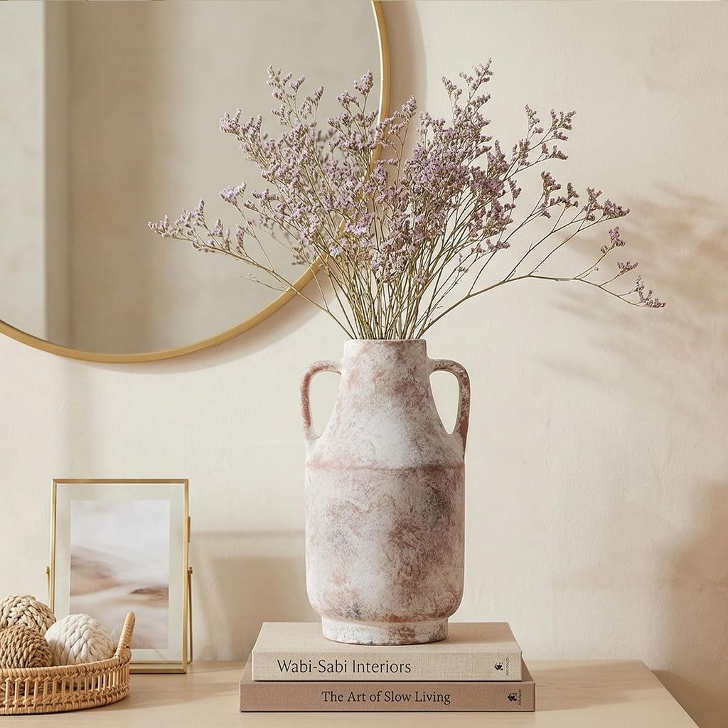 Ceramic Flower Vase with Handles, 11 Inch Tall Rustic Vase, Large Terracotta Pottery Vase