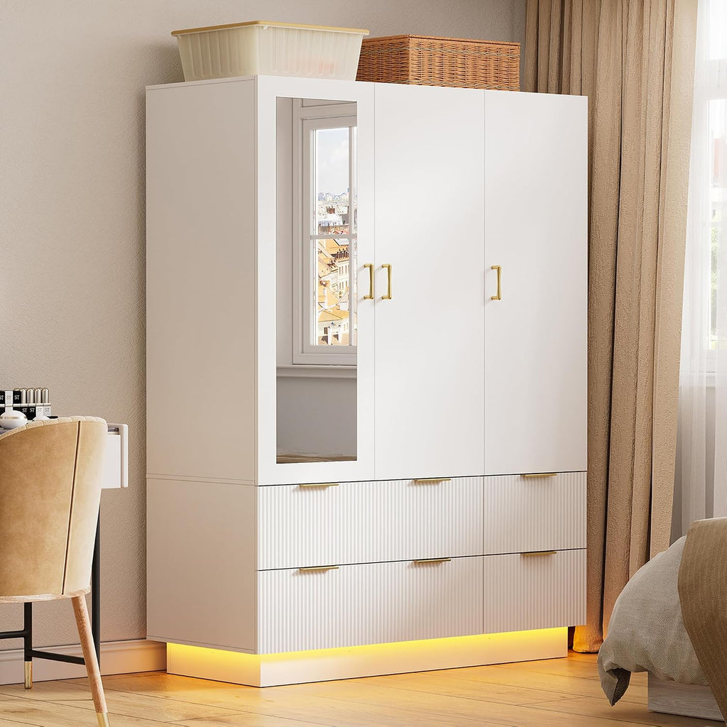 Armoire Wardrobe Closet with 3 Door, Mirror, LED Lights | Hanging Rod, Drawers, Bedroom Armoires - Large Capacity