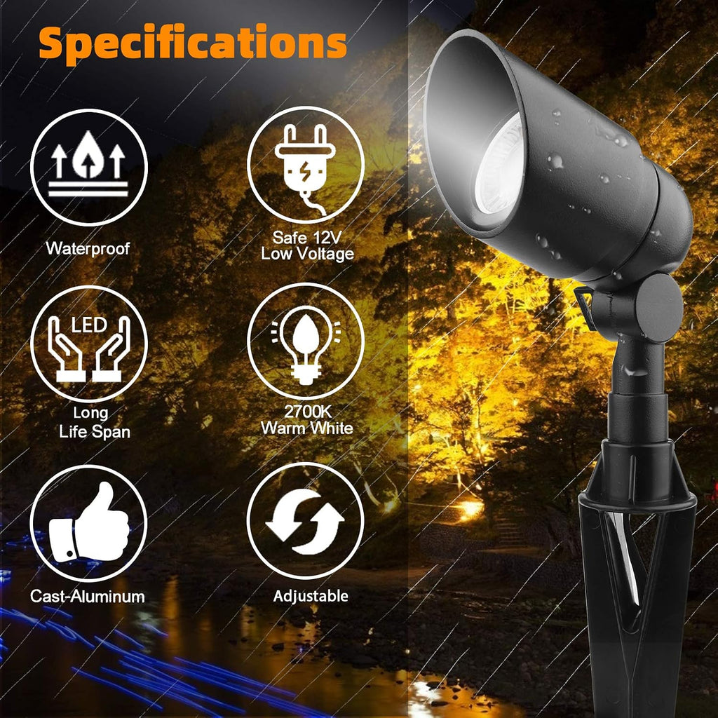 Landscape Lighting 12V 5W LED Landscape Spotlight Cast-Aluminum Waterproof Outdoor Low Voltage 450 Lumen Warm White