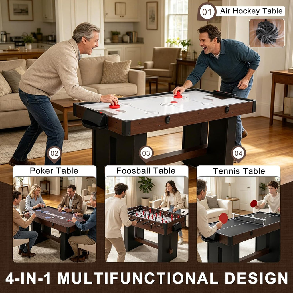 4-in-1 Multi Game Table, 54" Combination Game Table Set, Combo Games Table with Air Hockey, Table Tennis, Foosball