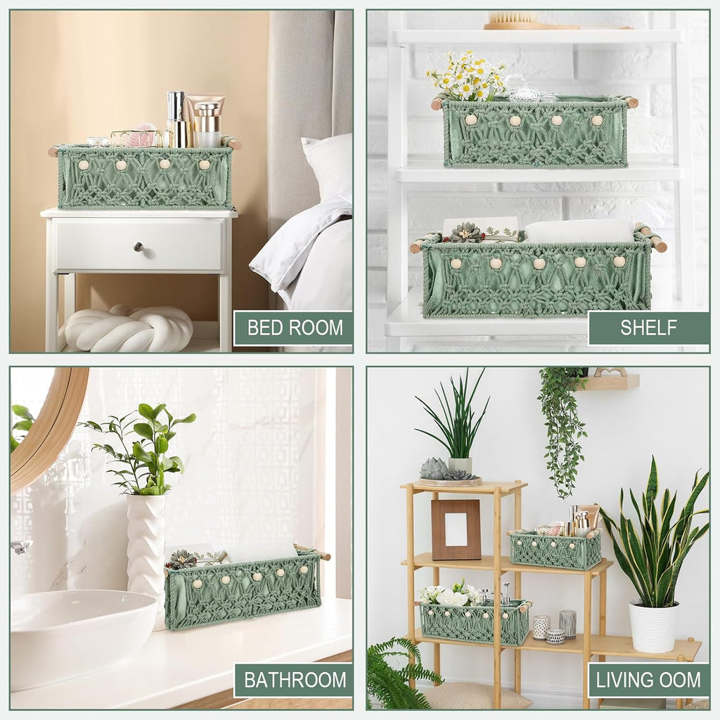 4 Pcs Sage Green Macrame Storage Basket for Shelves 13" 11" Boho Storage Basket Hand Woven Boxes with Wood Handles